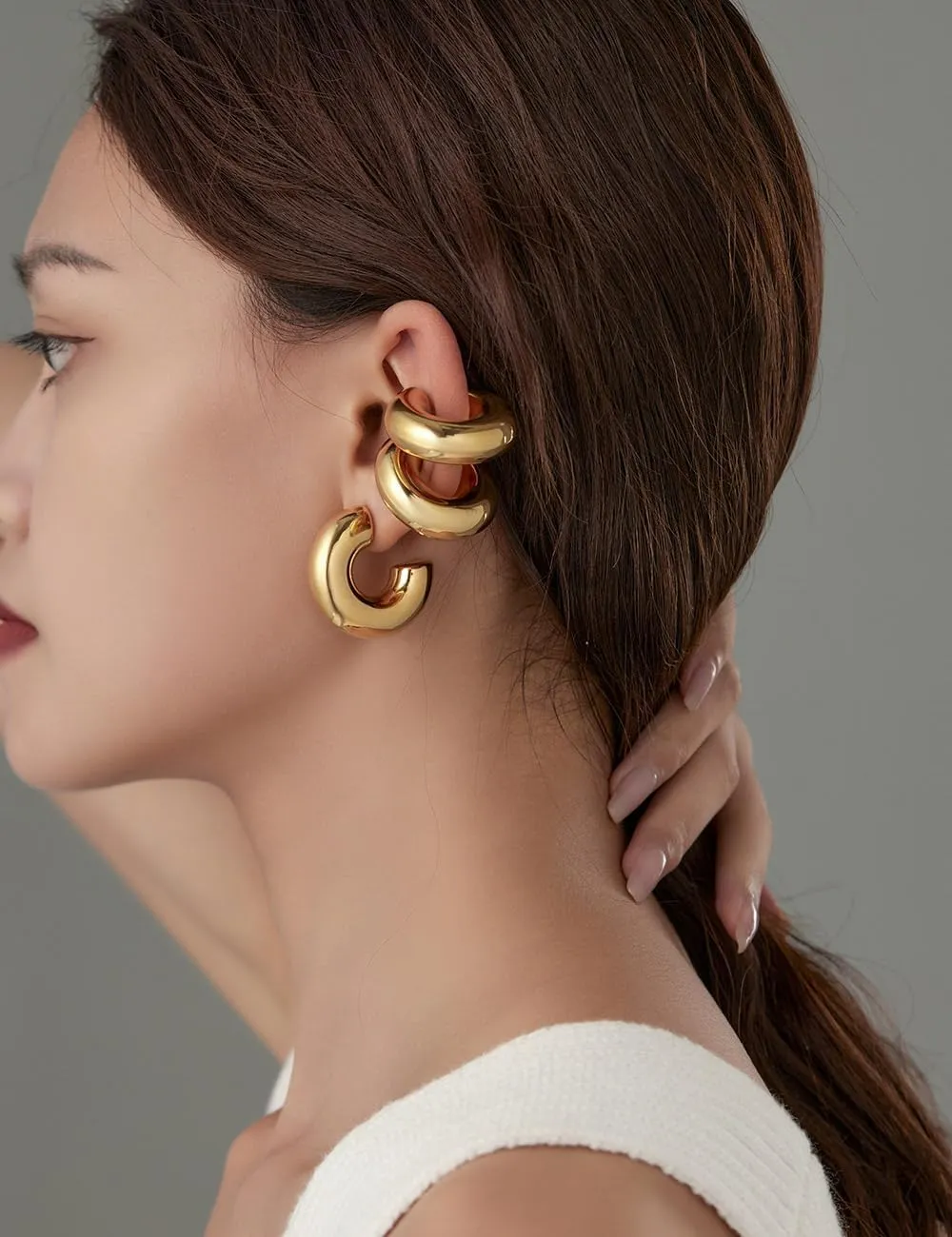 VQYSKO 2 PCS Ear Cuffs Earrings For Women | Non Piercing 14K Real Gold Cuff Clip On Cartilage Hoop Earring | Hollow Lightweight Earrings Trendy Thick Gold Jewelry