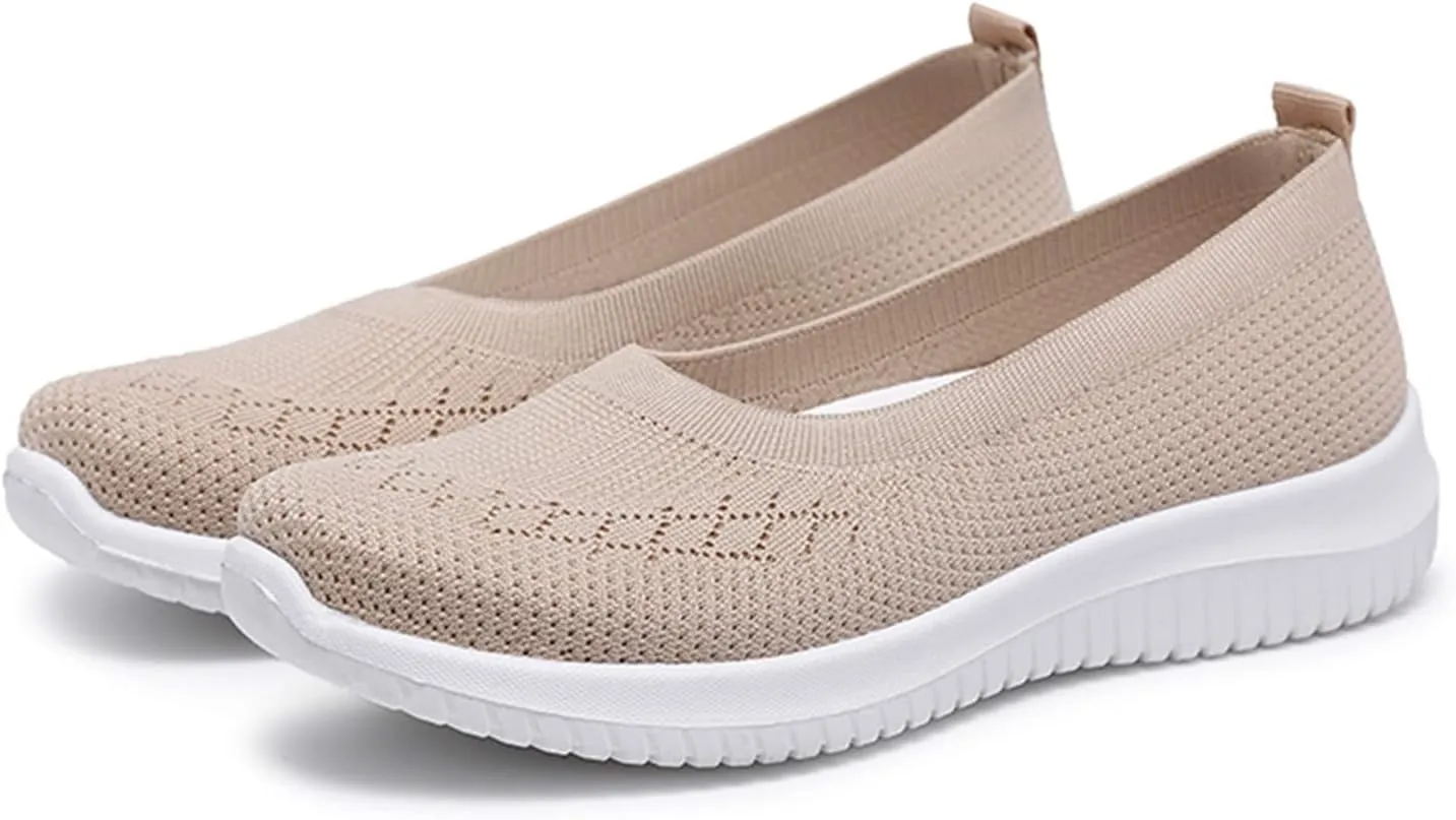 Walking Sneakers for Women Casual Breathable Mesh Flats Shoes Summer Lightweight Slip On Walking Shoes Solid Color Arch Support Wide Width Shoes Fit Go Walk Comfortable Hollow Low Top Shoes