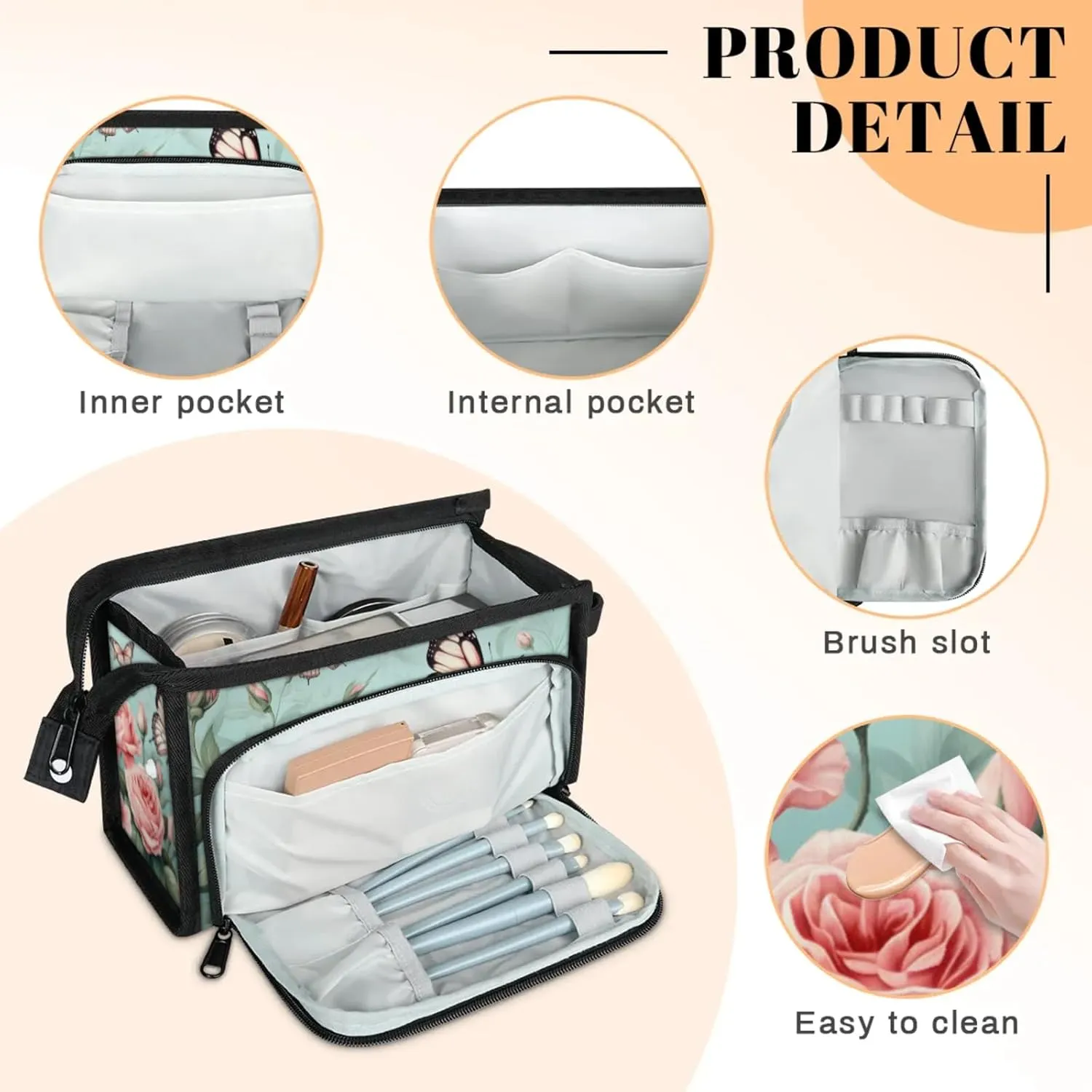 Waterproof Cosmetic Bags for Women Rose Butterfly Makeup Organizer Toiletry Bag with Zipper Pockets, Travel Makeup Bag for Business, Beach & Gym