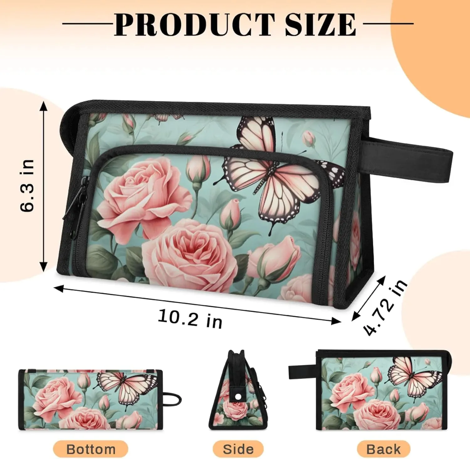 Waterproof Cosmetic Bags for Women Rose Butterfly Makeup Organizer Toiletry Bag with Zipper Pockets, Travel Makeup Bag for Business, Beach & Gym