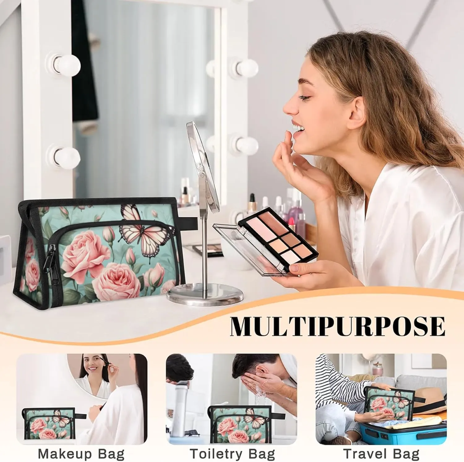 Waterproof Cosmetic Bags for Women Rose Butterfly Makeup Organizer Toiletry Bag with Zipper Pockets, Travel Makeup Bag for Business, Beach & Gym