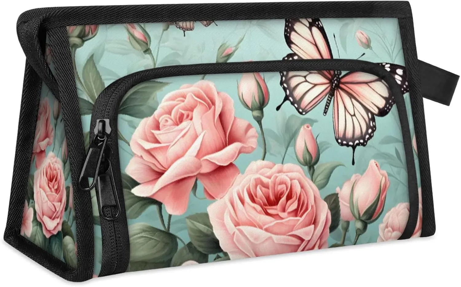 Waterproof Cosmetic Bags for Women Rose Butterfly Makeup Organizer Toiletry Bag with Zipper Pockets, Travel Makeup Bag for Business, Beach & Gym