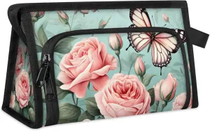 Waterproof Cosmetic Bags for Women Rose Butterfly Makeup Organizer Toiletry Bag with Zipper Pockets, Travel Makeup Bag for Business, Beach & Gym
