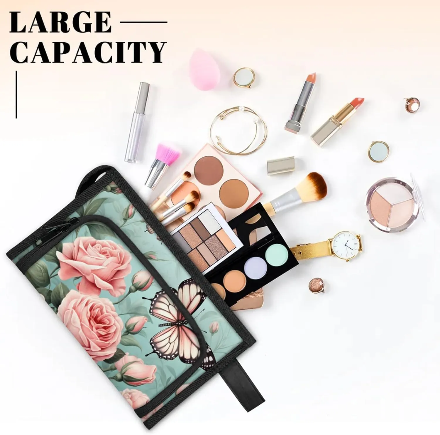 Waterproof Cosmetic Bags for Women Rose Butterfly Makeup Organizer Toiletry Bag with Zipper Pockets, Travel Makeup Bag for Business, Beach & Gym