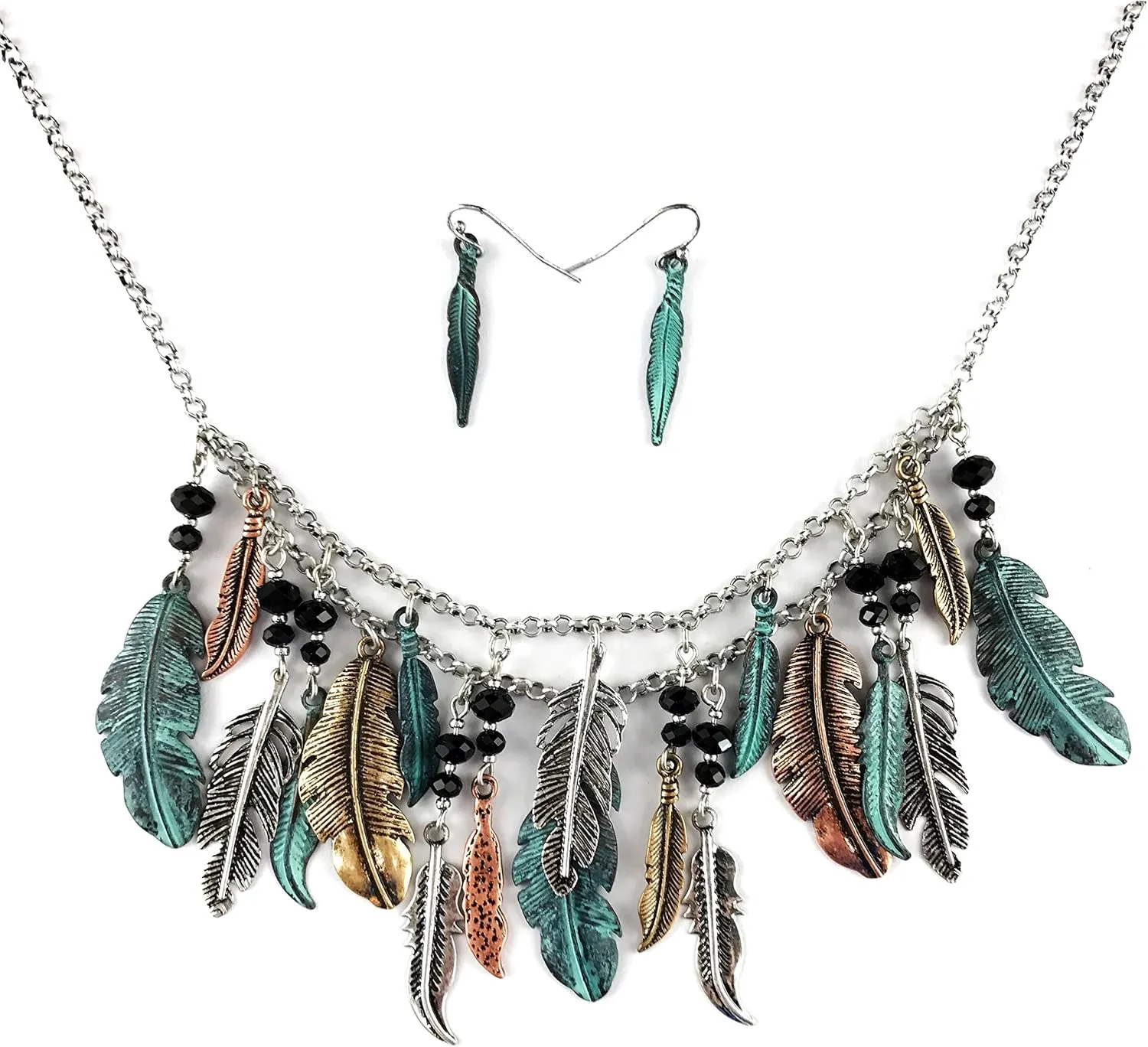 Western Collection Bohemian Metal Gold Silver Rose Gold Patina Feather Pendants Necklace