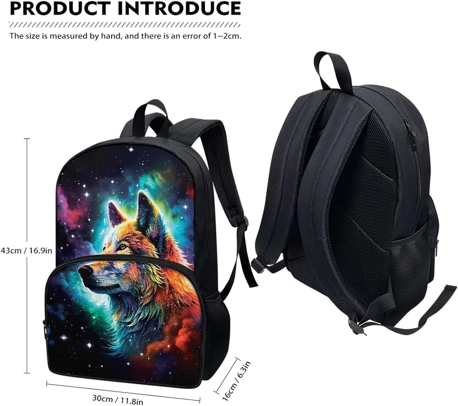 Wolf Backpack Set Backpacks with Lunch Box Cool Pencil Pouch Lunch Box with Zipper Pockets School Bag with Laptop Compartment Children's Polyester School Bag Set