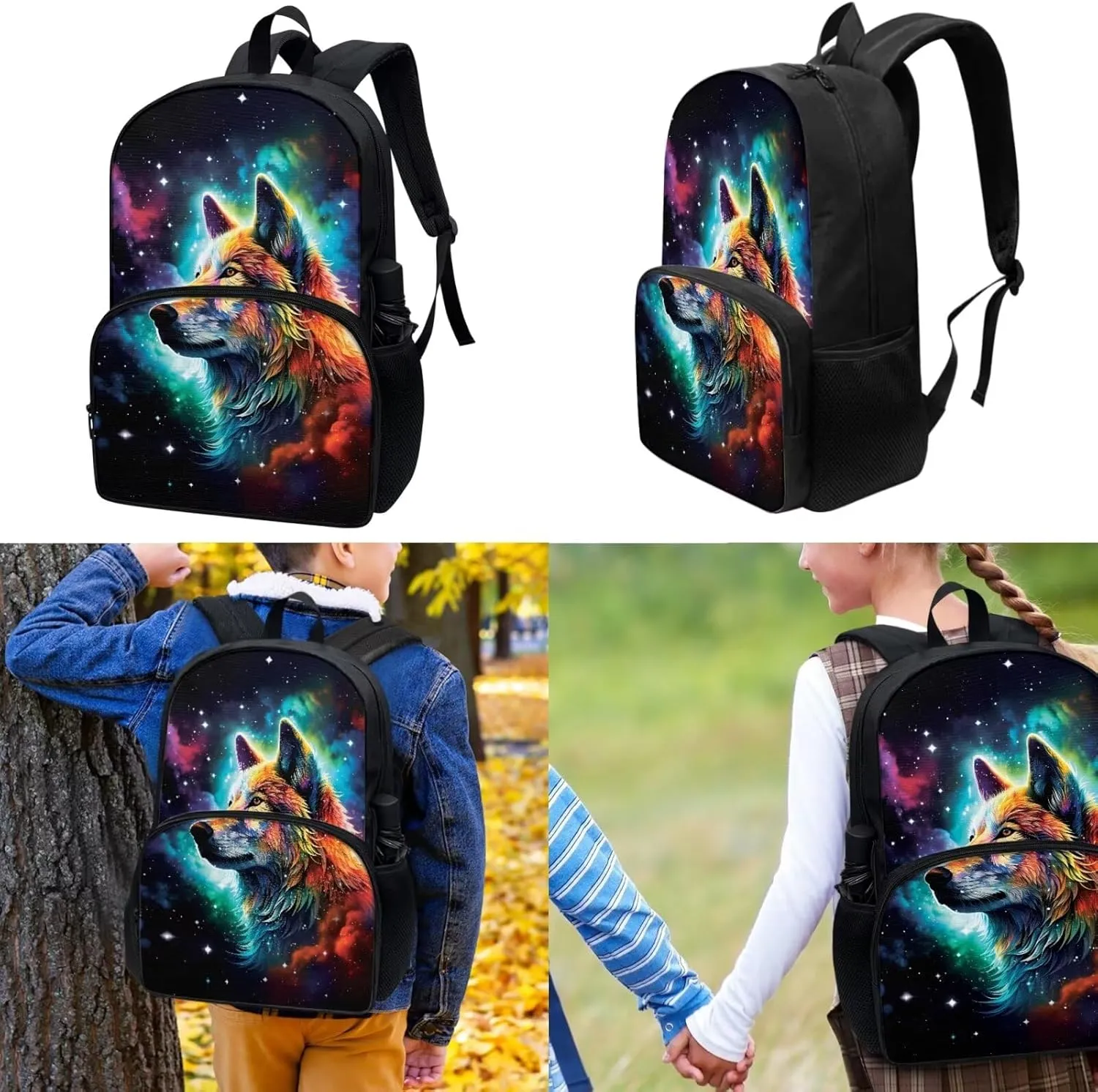 Wolf Backpack Set Backpacks with Lunch Box Cool Pencil Pouch Lunch Box with Zipper Pockets School Bag with Laptop Compartment Children's Polyester School Bag Set