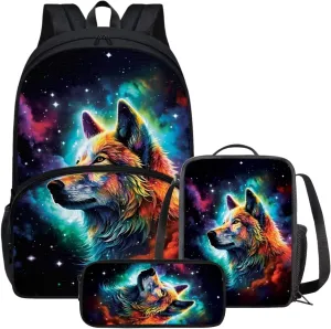 Wolf Backpack Set Backpacks with Lunch Box Cool Pencil Pouch Lunch Box with Zipper Pockets School Bag with Laptop Compartment Children's Polyester School Bag Set