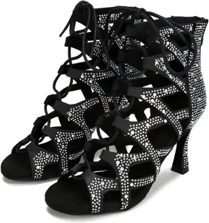 Women Ballroom Dance Boots Diamond-Encrusted Latin Salsa Jazz Tango Modern Practice Performance Dance Sandals