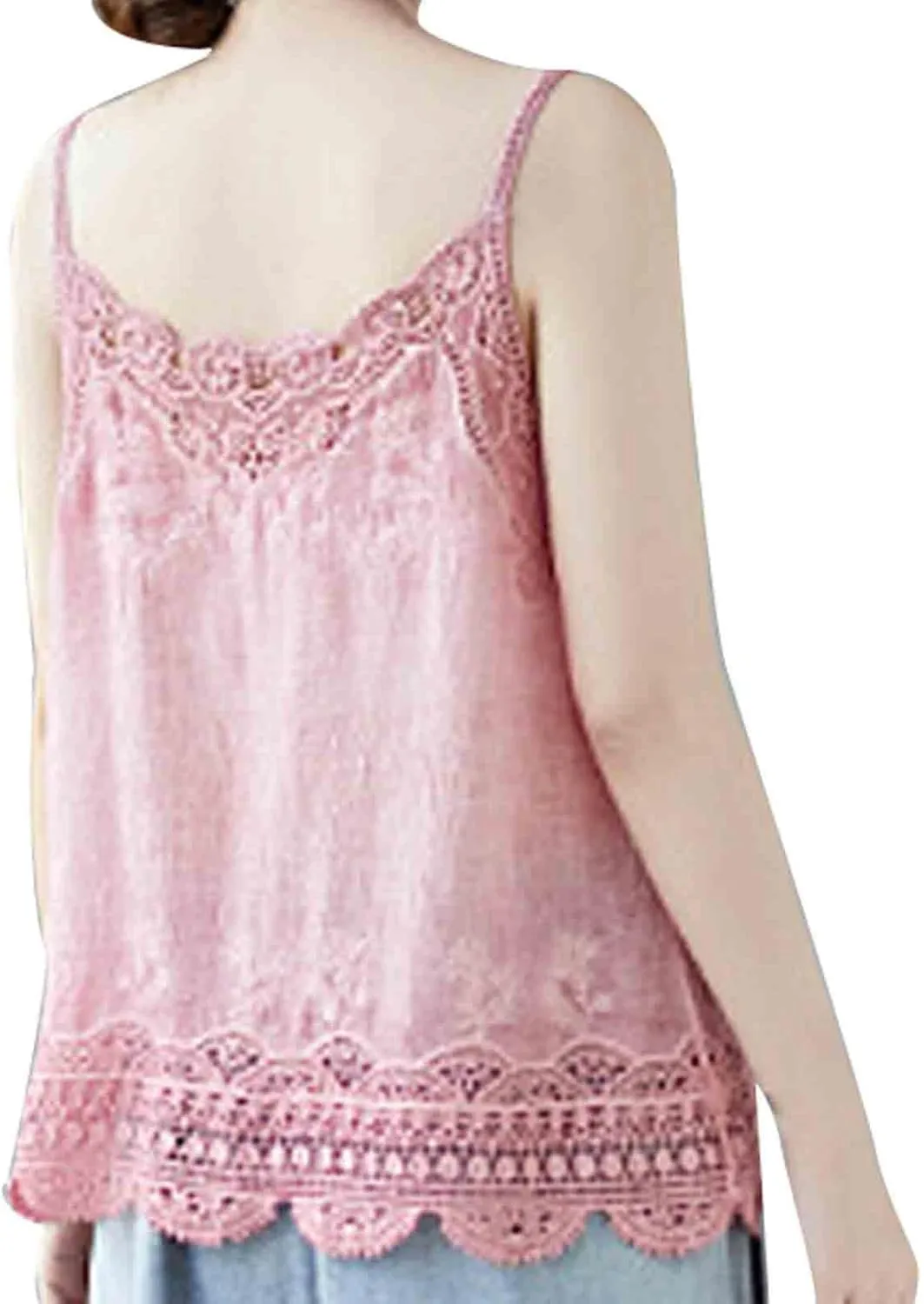 Women Summer Tops Sexy Hollow Out Lace Trim Camisoles Sleeveless V Neck Vintage Cute Tanks Casual Solid Loose Shirts