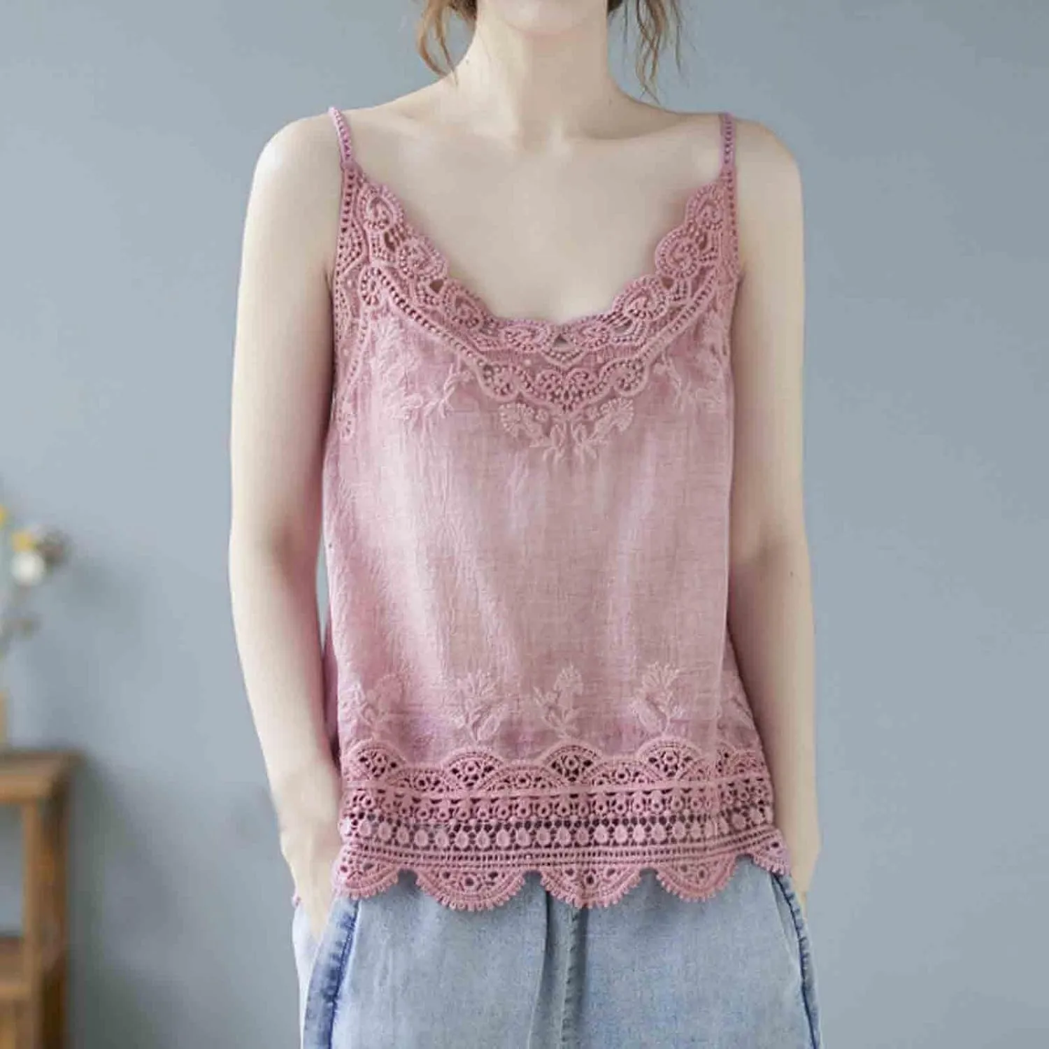 Women Summer Tops Sexy Hollow Out Lace Trim Camisoles Sleeveless V Neck Vintage Cute Tanks Casual Solid Loose Shirts