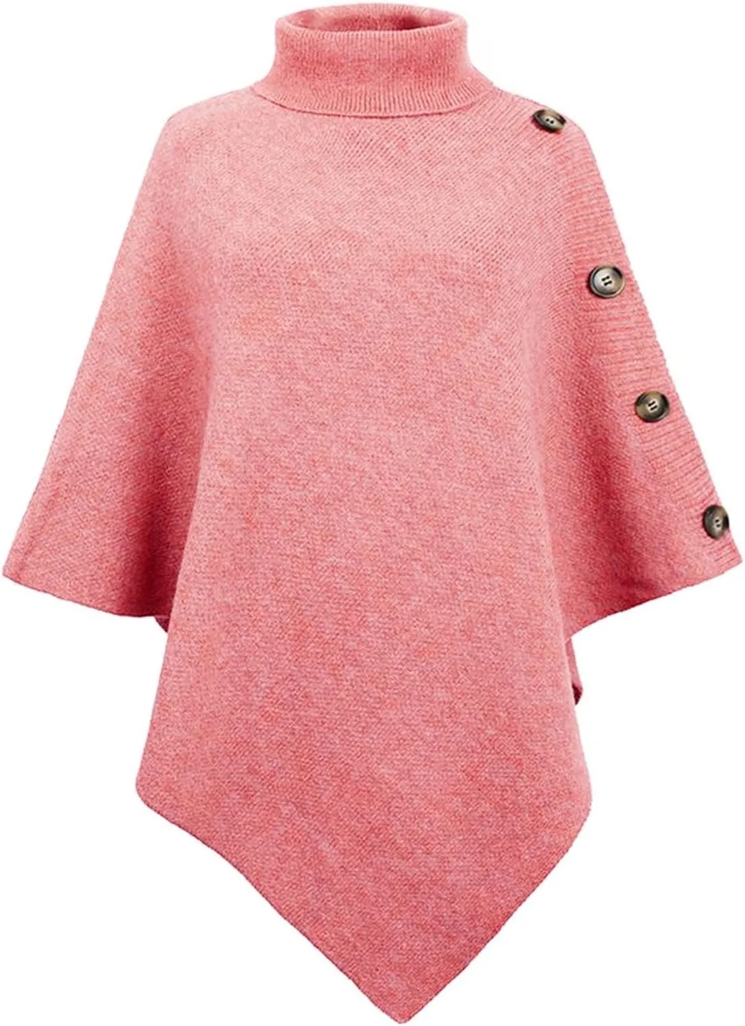 Women Turtleneck Poncho Sweater Button Knit Cape Irregular Hem Wrap Sweater 3/4 Sleeve Fall Winter Pullover Jumper