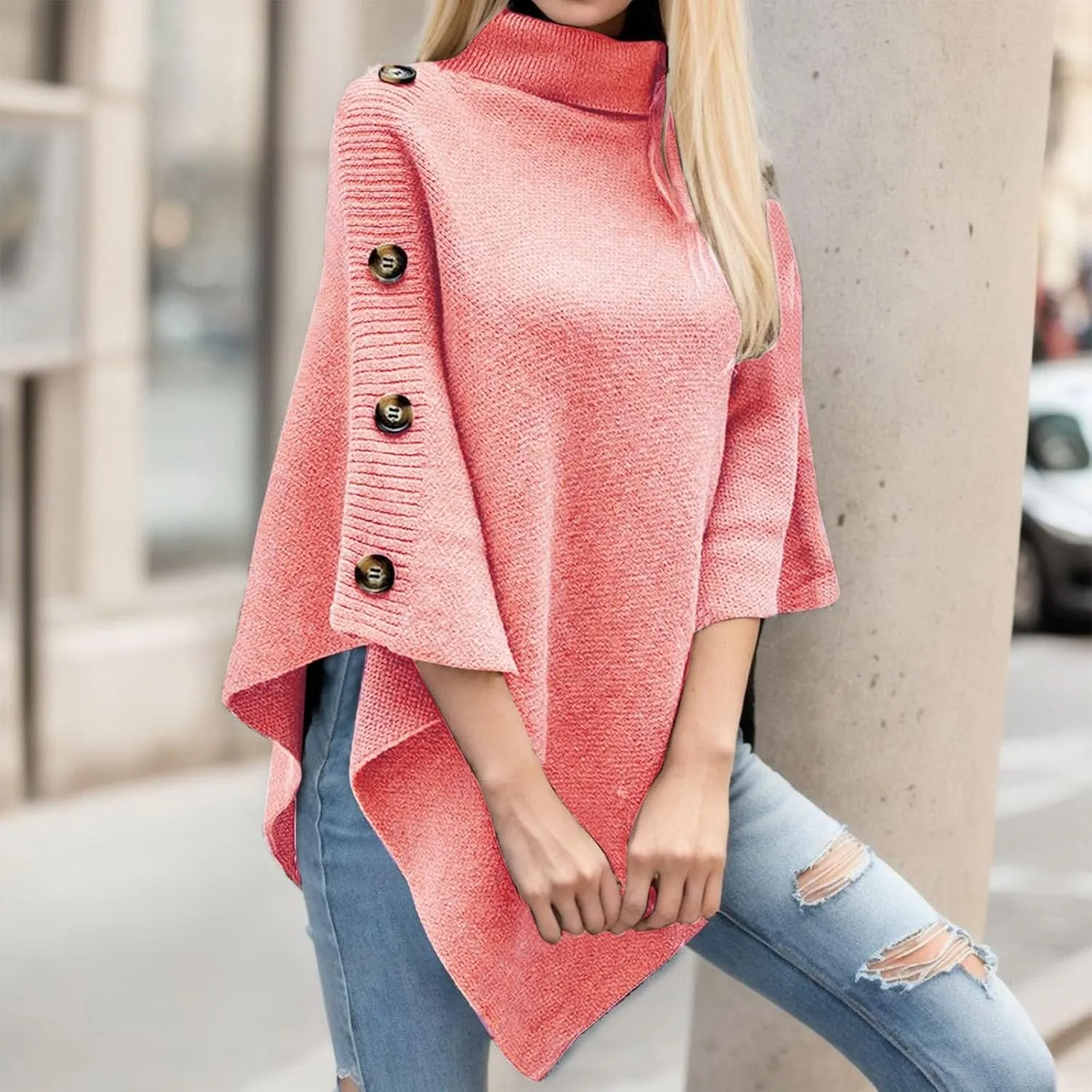 Women Turtleneck Poncho Sweater Button Knit Cape Irregular Hem Wrap Sweater 3/4 Sleeve Fall Winter Pullover Jumper