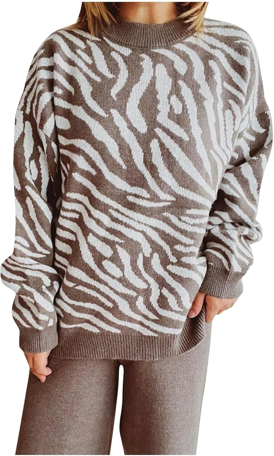 Womens 2024 Fall Winter Fashion Crewneck Long Sleeve Colorblock Chunky Knit Casual Loose Pullover Sweater Jumper Tops