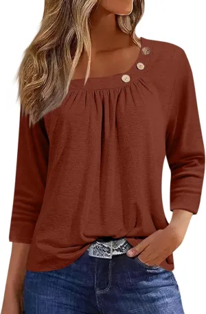 Womens 3/4 Sleeve Blouses Dressy Casual Loose Fit Shirts Button Decor Summer Trendy Tunic Tops