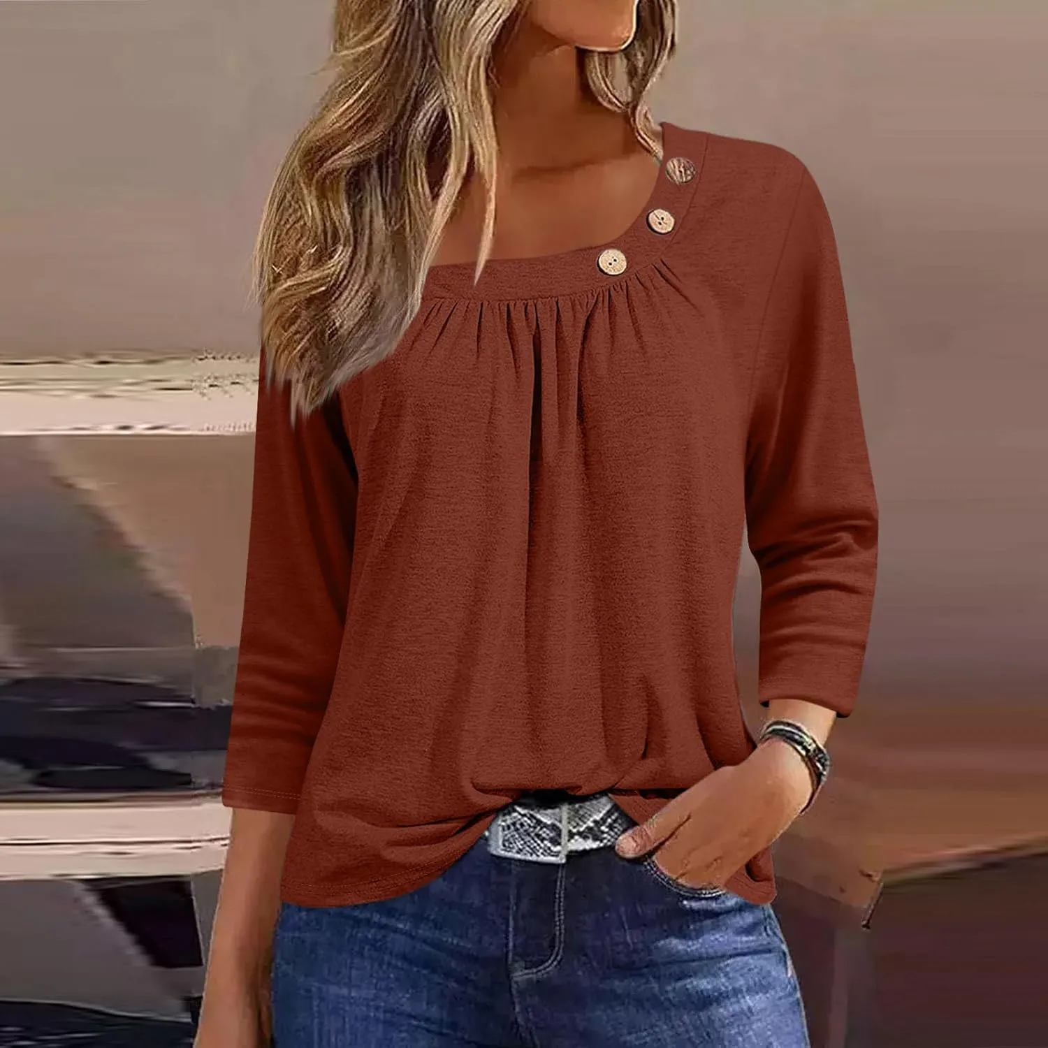 Womens 3/4 Sleeve Blouses Dressy Casual Loose Fit Shirts Button Decor Summer Trendy Tunic Tops