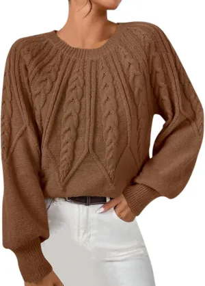 Women's Cable Knit Sweater Casual Lantern Sleeve Crew Neck Pullover Sweaters Fall Chunky Tops Winter Clothes