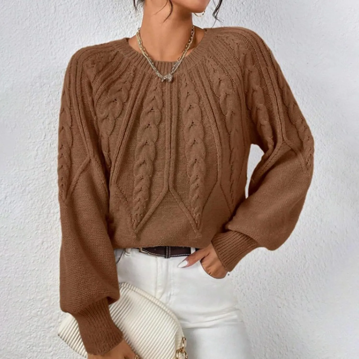 Women's Cable Knit Sweater Casual Lantern Sleeve Crew Neck Pullover Sweaters Fall Chunky Tops Winter Clothes