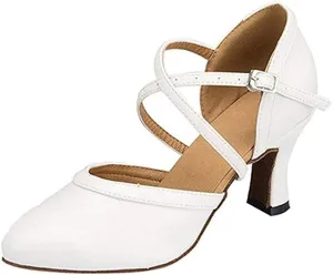 Women's Cross Strap Closed-Toe Buckle Ballroom Latin Dance Shoes Ladies White Dance Shoes Salsa Dancing Heels Wedding Ankle Strap Heels