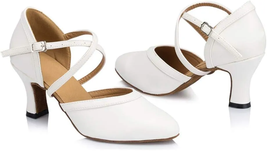 Women's Cross Strap Closed-Toe Buckle Ballroom Latin Dance Shoes Ladies White Dance Shoes Salsa Dancing Heels Wedding Ankle Strap Heels