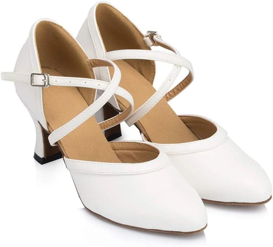 Women's Cross Strap Closed-Toe Buckle Ballroom Latin Dance Shoes Ladies White Dance Shoes Salsa Dancing Heels Wedding Ankle Strap Heels