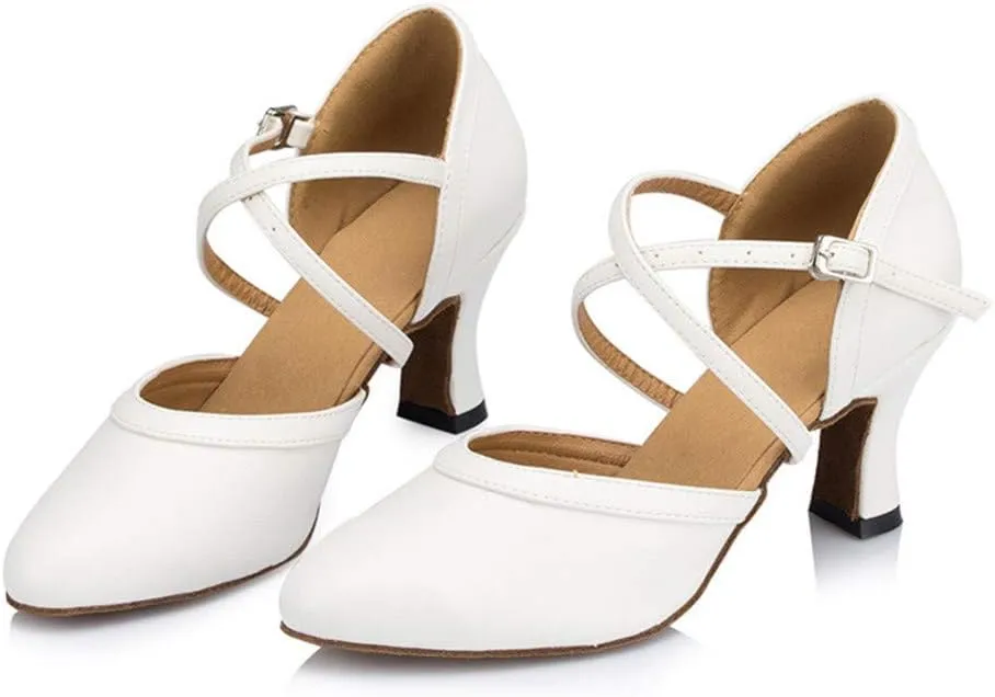 Women's Cross Strap Closed-Toe Buckle Ballroom Latin Dance Shoes Ladies White Dance Shoes Salsa Dancing Heels Wedding Ankle Strap Heels