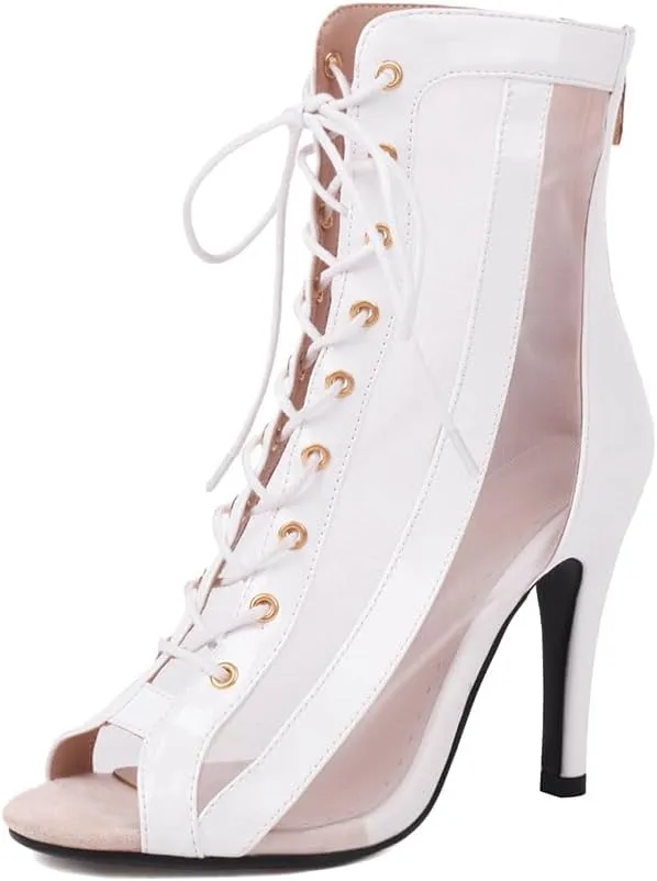Women's Dance Boots DS118 Peep Toe Lace-up Ankle Dance Booties Latin Ballroom Salsa Heels