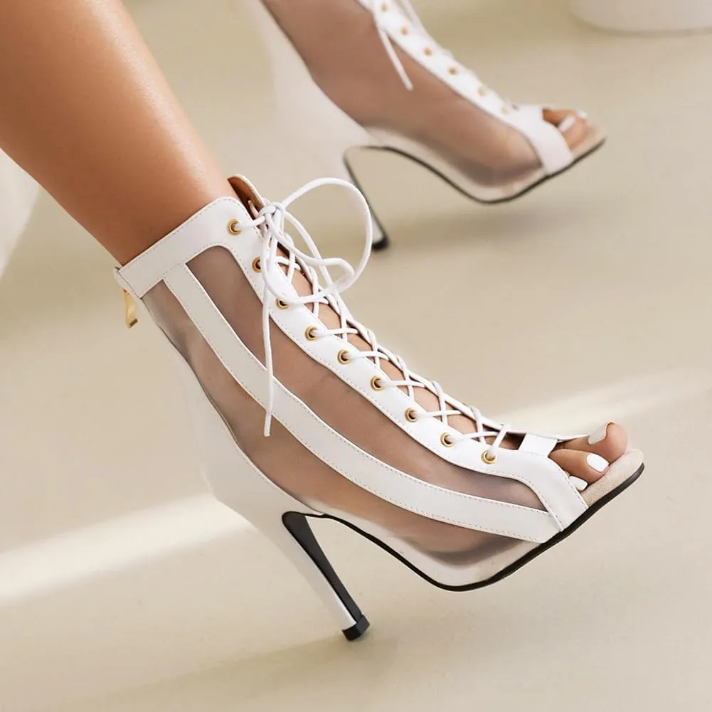 Women's Dance Boots DS118 Peep Toe Lace-up Ankle Dance Booties Latin Ballroom Salsa Heels