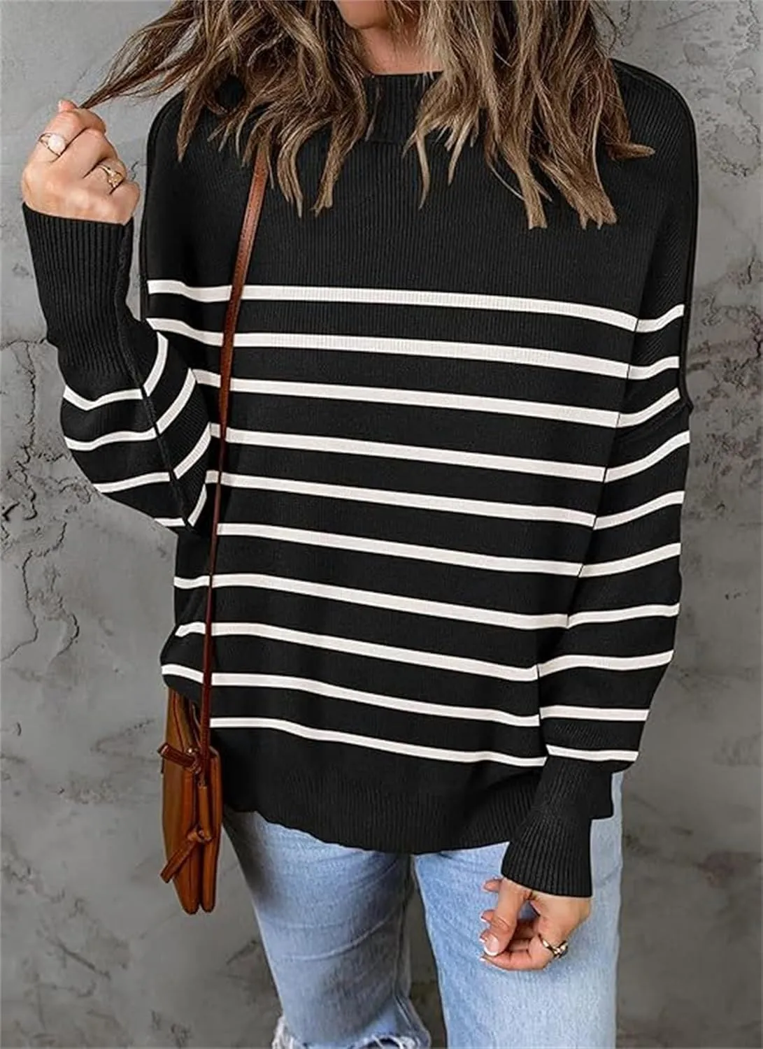 Women's Fall Casual Long Sleeve Sweater Crew Neck Side Slit Oversized Ribbed Knit Pullover Tops
