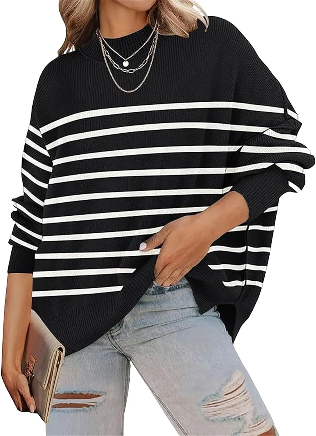 Women's Fall Casual Long Sleeve Sweater Crew Neck Side Slit Oversized Ribbed Knit Pullover Tops