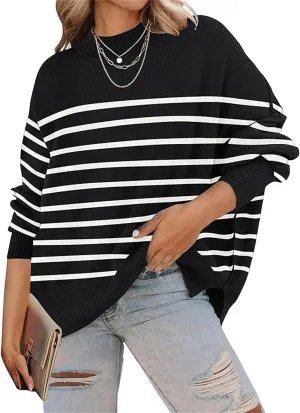 Women's Fall Casual Long Sleeve Sweater Crew Neck Side Slit Oversized Ribbed Knit Pullover Tops