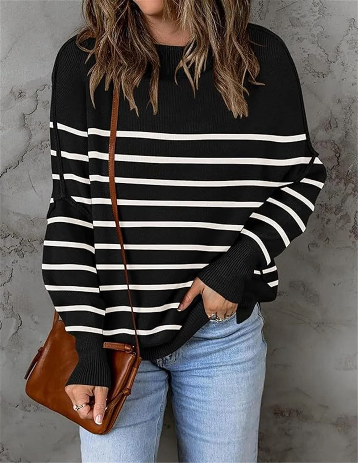 Women's Fall Casual Long Sleeve Sweater Crew Neck Side Slit Oversized Ribbed Knit Pullover Tops