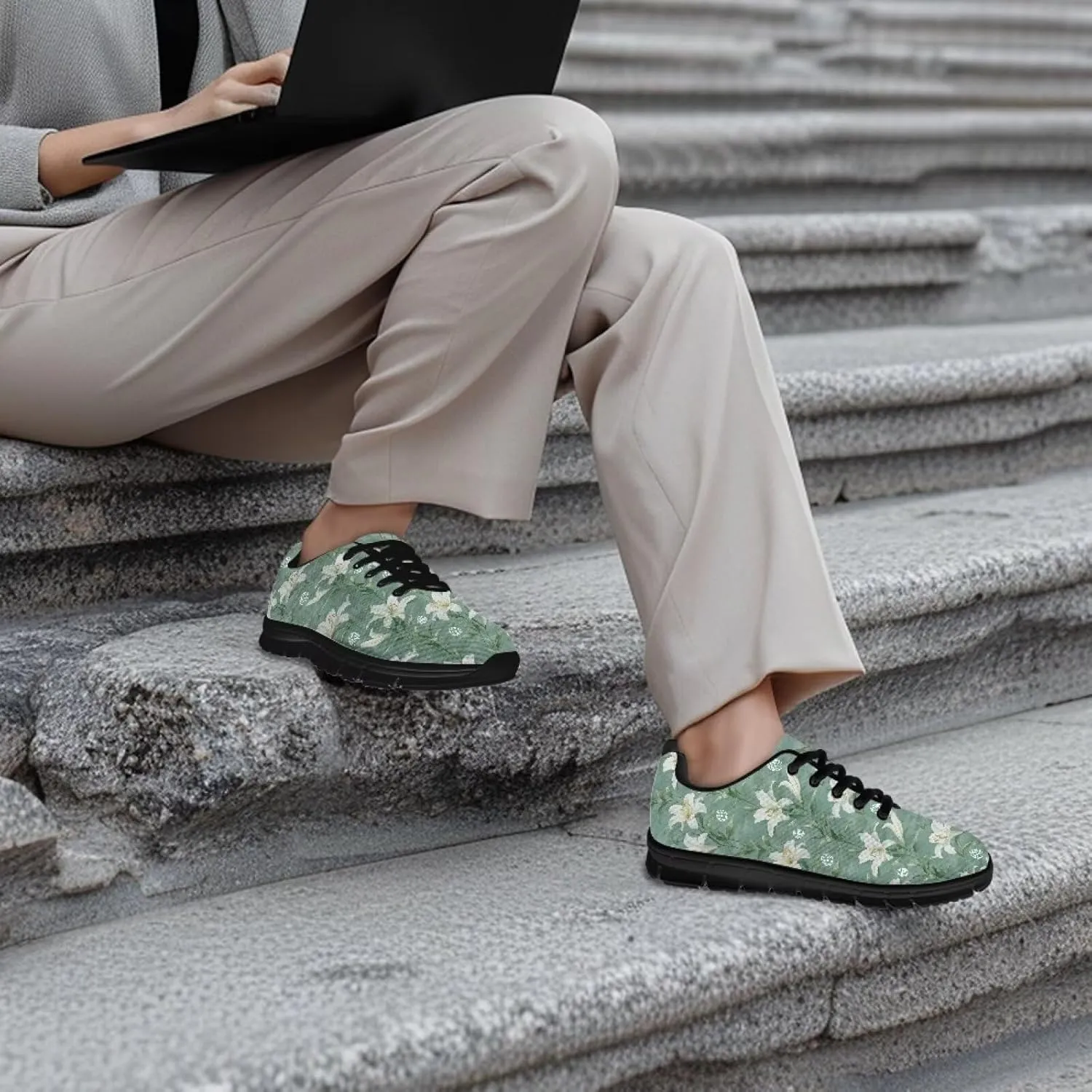 Women's Fashion Sneakers Low Top Casual Shoes Lightweight Wide Arch Support Travel Sneakers for Workout Size 5-12 Black Sole