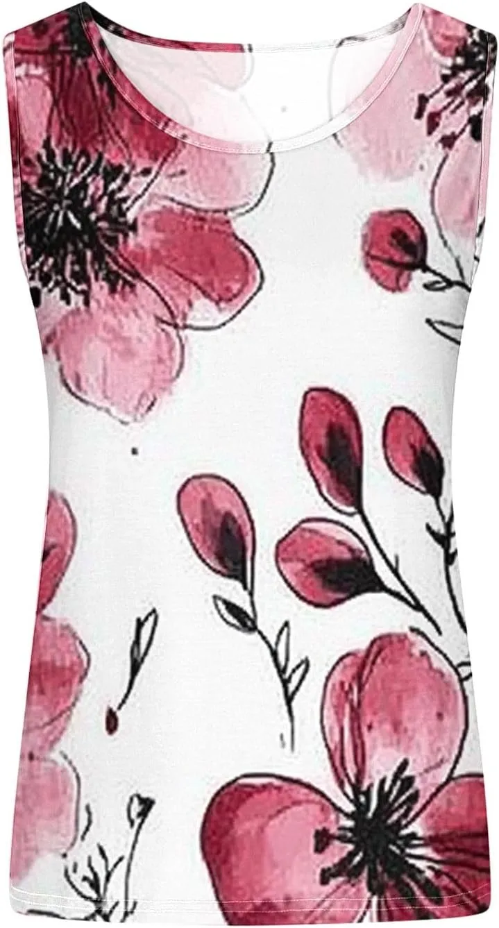 Women's Fashion Tank Tops Floral Print Crewneck Sleeveless Loose T-Shirts Workout Athletic Comfort Tees