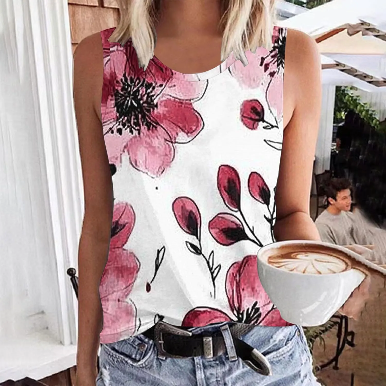 Women's Fashion Tank Tops Floral Print Crewneck Sleeveless Loose T-Shirts Workout Athletic Comfort Tees
