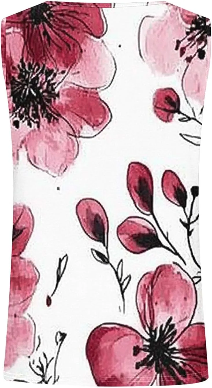 Women's Fashion Tank Tops Floral Print Crewneck Sleeveless Loose T-Shirts Workout Athletic Comfort Tees