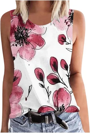 Women's Fashion Tank Tops Floral Print Crewneck Sleeveless Loose T-Shirts Workout Athletic Comfort Tees