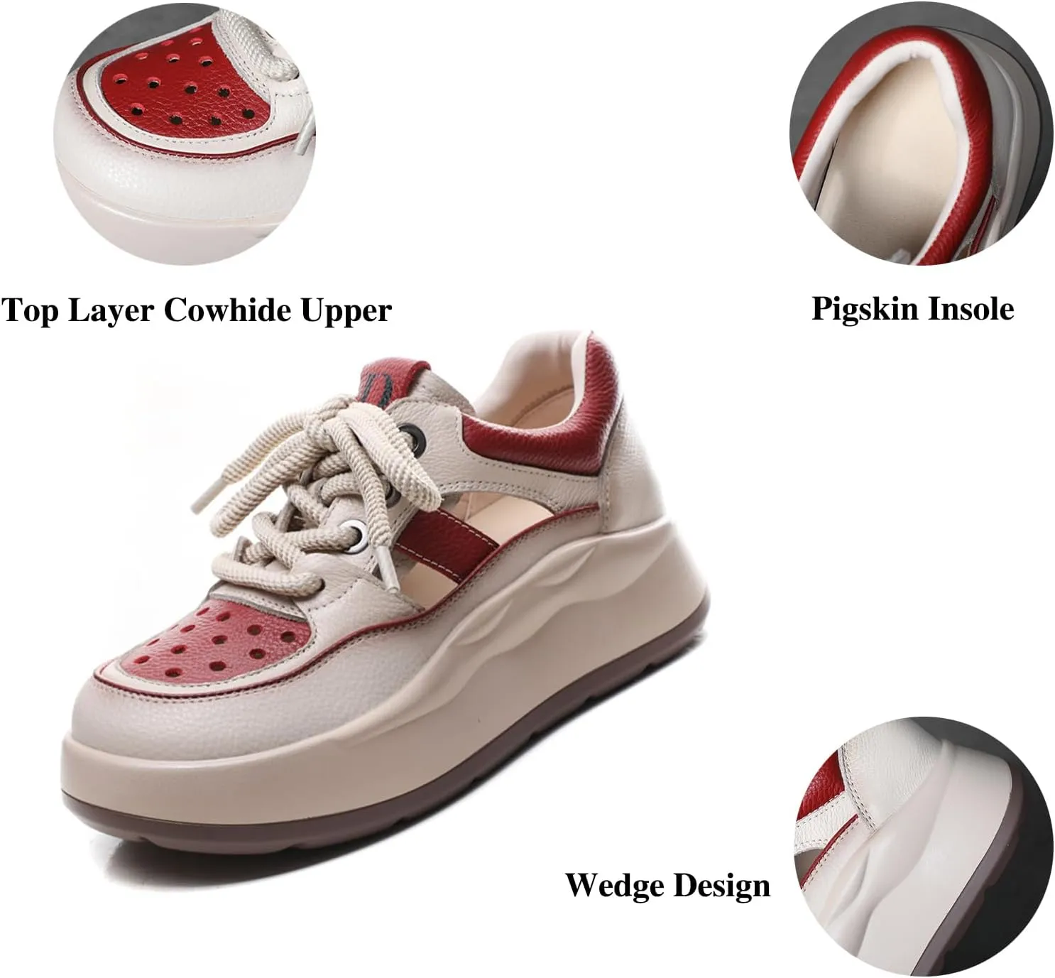 Women's Genuine Leather Platform Hollow Fashion Sneakers,Breathable Comfortable Lace-Up Dad Sneakers,Summer Outdoor Casual Workout Sport Non-Slip Walking Shoes