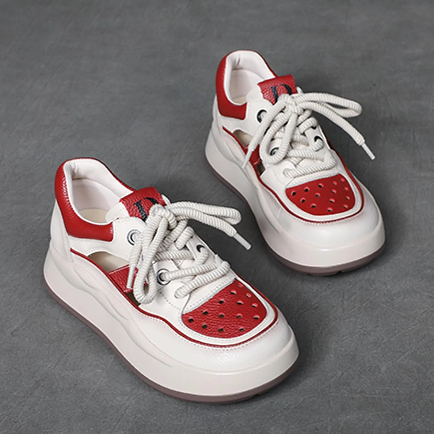 Women's Genuine Leather Platform Hollow Fashion Sneakers,Breathable Comfortable Lace-Up Dad Sneakers,Summer Outdoor Casual Workout Sport Non-Slip Walking Shoes