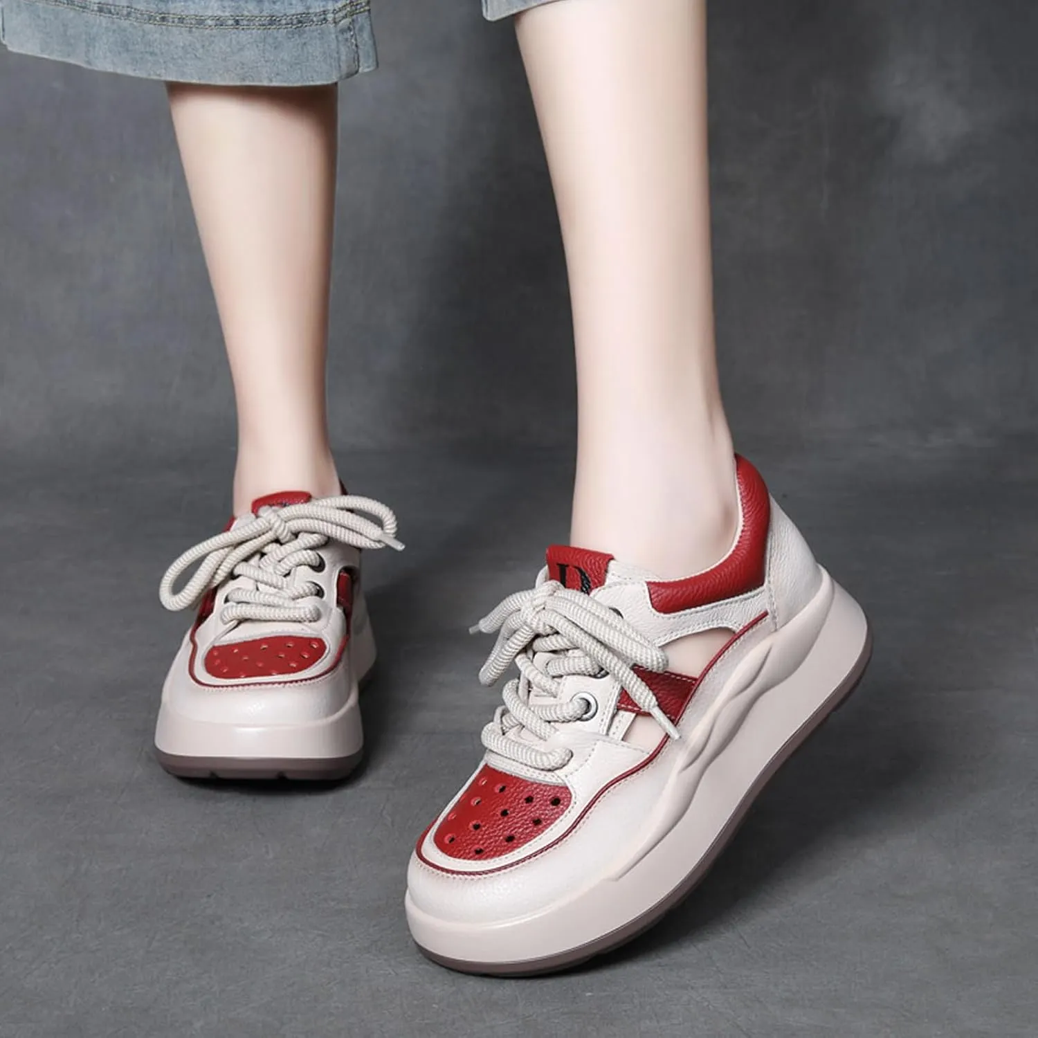 Women's Genuine Leather Platform Hollow Fashion Sneakers,Breathable Comfortable Lace-Up Dad Sneakers,Summer Outdoor Casual Workout Sport Non-Slip Walking Shoes