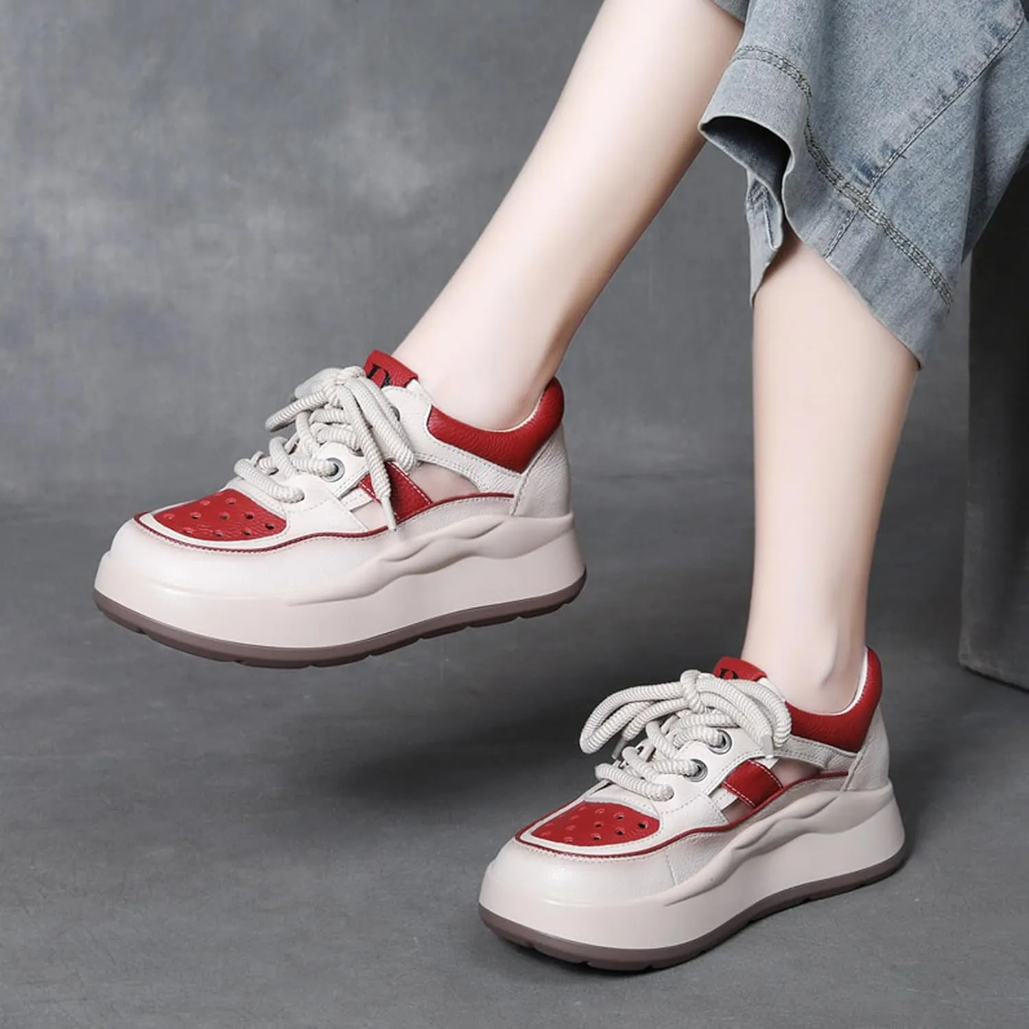 Women's Genuine Leather Platform Hollow Fashion Sneakers,Breathable Comfortable Lace-Up Dad Sneakers,Summer Outdoor Casual Workout Sport Non-Slip Walking Shoes