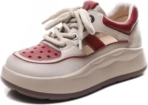 Women's Genuine Leather Platform Hollow Fashion Sneakers,Breathable Comfortable Lace-Up Dad Sneakers,Summer Outdoor Casual Workout Sport Non-Slip Walking Shoes