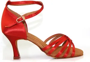 Women's Girl's Lady's Ballroom Latin Dance Shoes, Satin Tango Salsa Party Dancing Shoes, 5CM/7CM/7.5CM Heel (Color : Red 7.5cm, Size : 33)