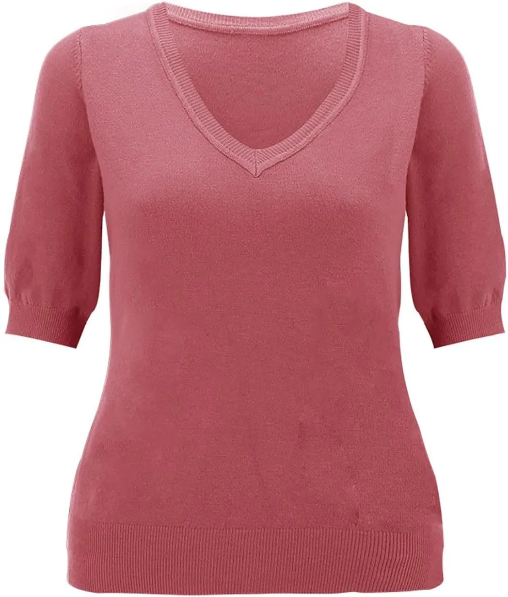 Womens Knitted Sweater Casual Short Sleeve V Neck Blouse Fashion Solid Color Layer Tops Loose Fit Outfit Shirts