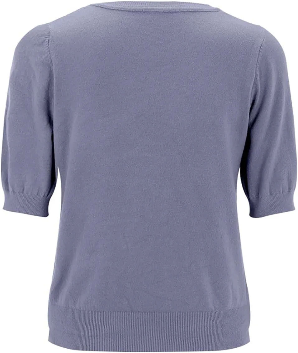 Womens Knitted Sweater Casual Short Sleeve V Neck Blouse Fashion Solid Color Layer Tops Loose Fit Outfit Shirts