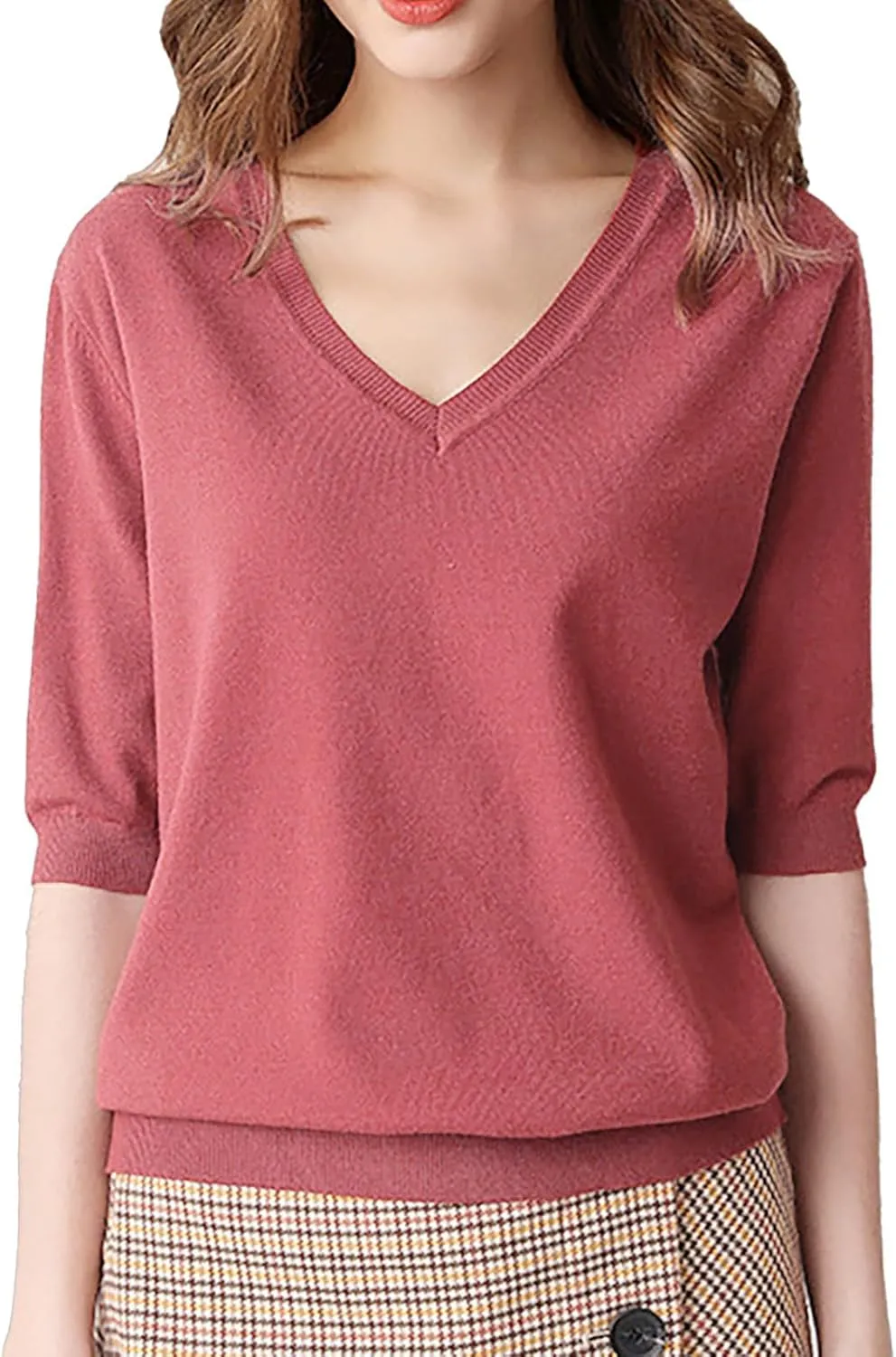 Womens Knitted Sweater Casual Short Sleeve V Neck Blouse Fashion Solid Color Layer Tops Loose Fit Outfit Shirts