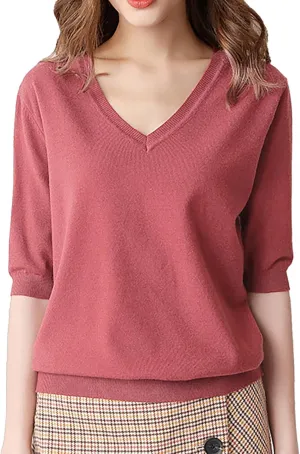 Womens Knitted Sweater Casual Short Sleeve V Neck Blouse Fashion Solid Color Layer Tops Loose Fit Outfit Shirts