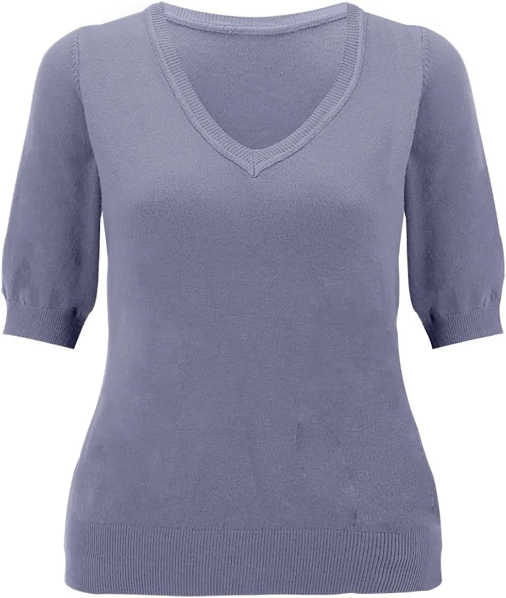 Womens Knitted Sweater Casual Short Sleeve V Neck Blouse Fashion Solid Color Layer Tops Loose Fit Outfit Shirts