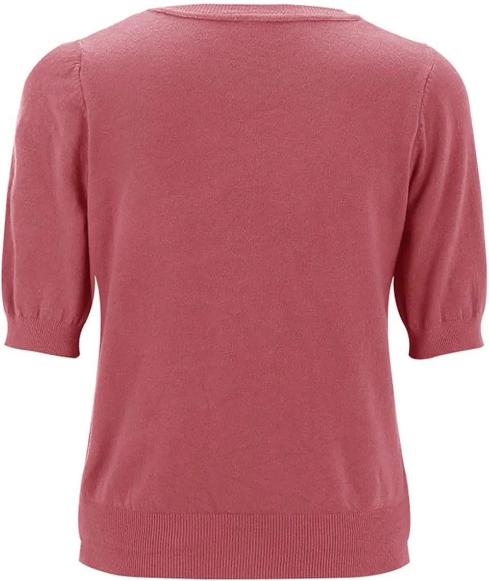 Womens Knitted Sweater Casual Short Sleeve V Neck Blouse Fashion Solid Color Layer Tops Loose Fit Outfit Shirts