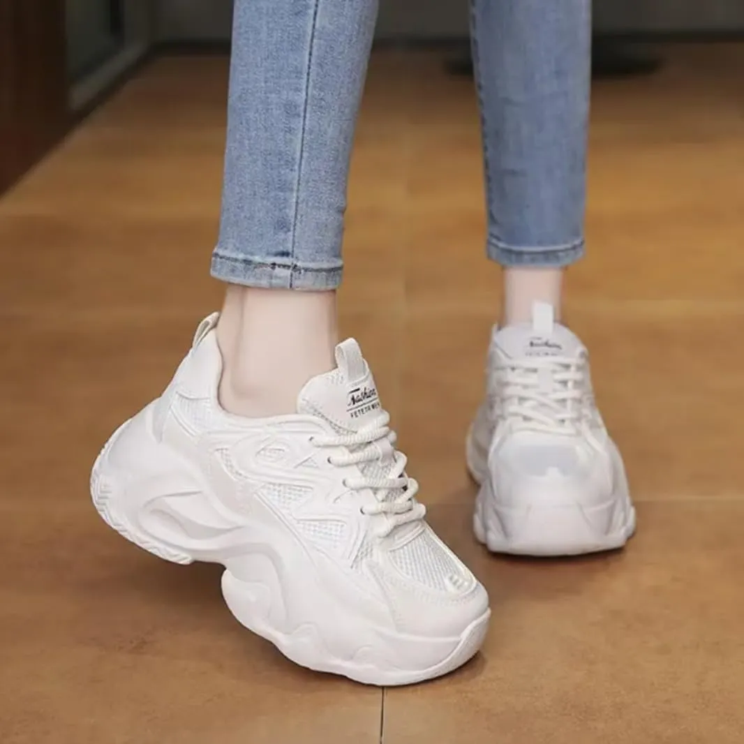 Womens Leather Lace-Up Platform Sneakers Casual Non-Slip Shock Absorbing Heighten Fashion Breathable Walking Workout Shoes